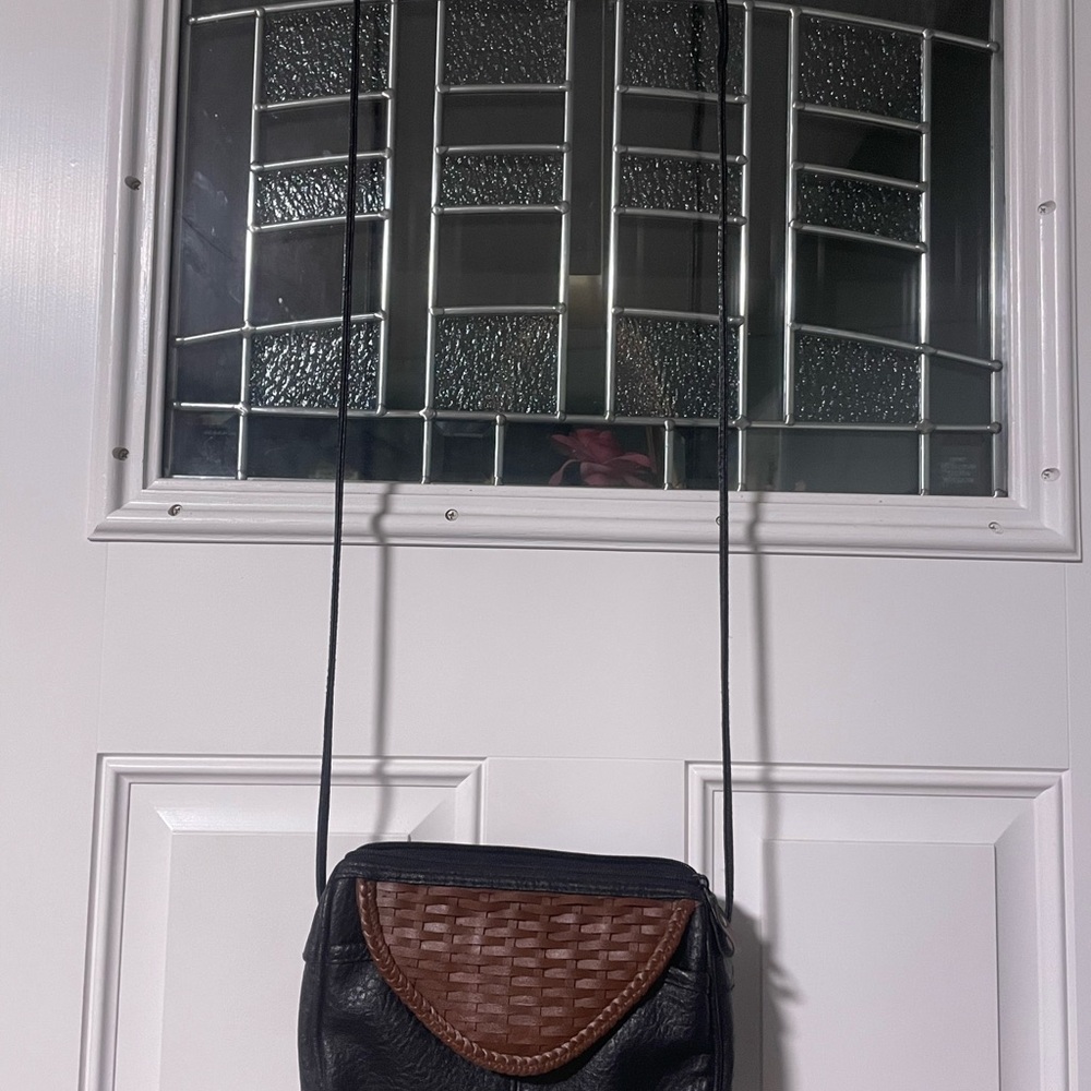 Avanti Black Leather with Brown Wicker Flap Crossbody Bag